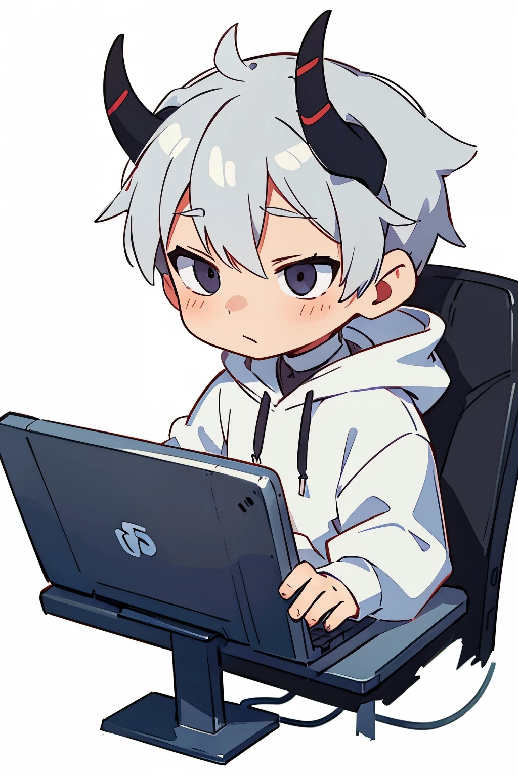 chibi drawing, Boy, white, with gray hair, wearing a white hoodie and black demon horns, on a computer