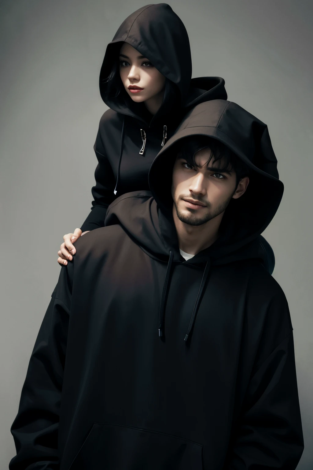 monster carrying a woman on his shoulder with a man in a black hood at his side, both coasts