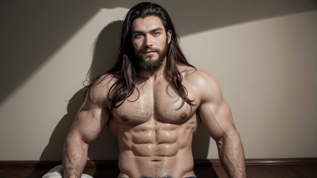 A man, black hair, dark skin, trimmed beard, handsome, muscular, long red hair with big green eyes, has a big sensual smile, has no shirt and only wears fairly tight underwear that shows his crotch, he is quite tall.