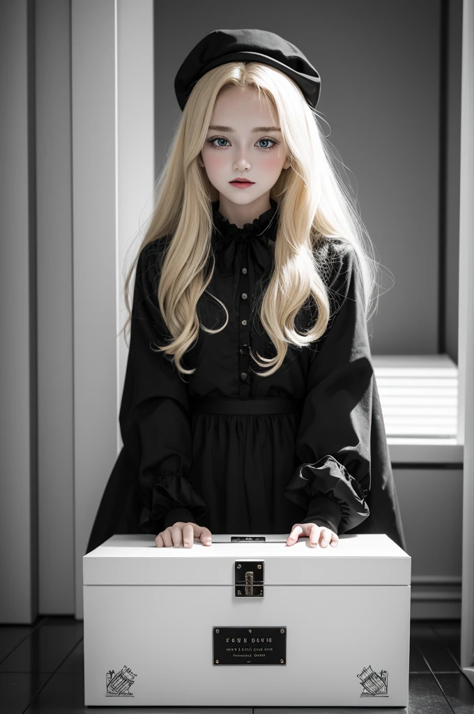 A black and white box in the hands of a pretty blonde girl in a white room, and inside the box a music box from a vengeful clown 