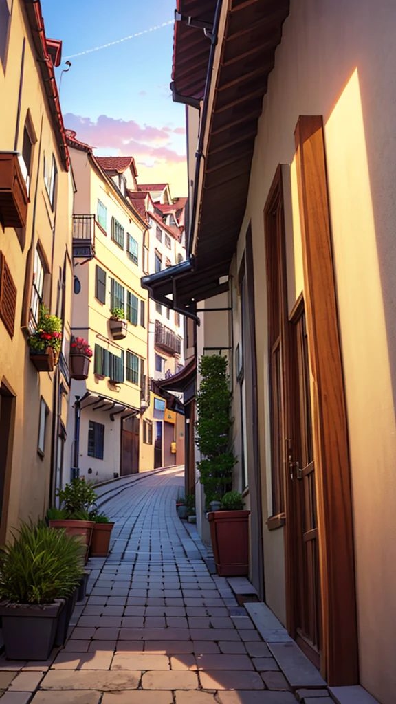 ,sunset,village,balcony of a elegante palace,