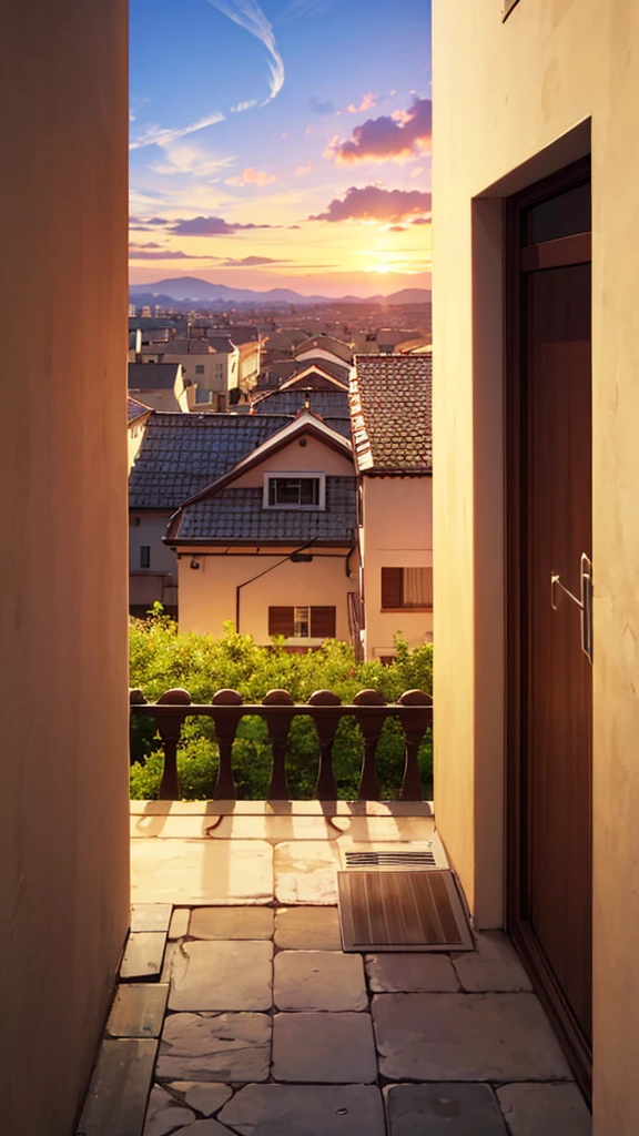 ,sunset,village,balcony of a elegante palace,