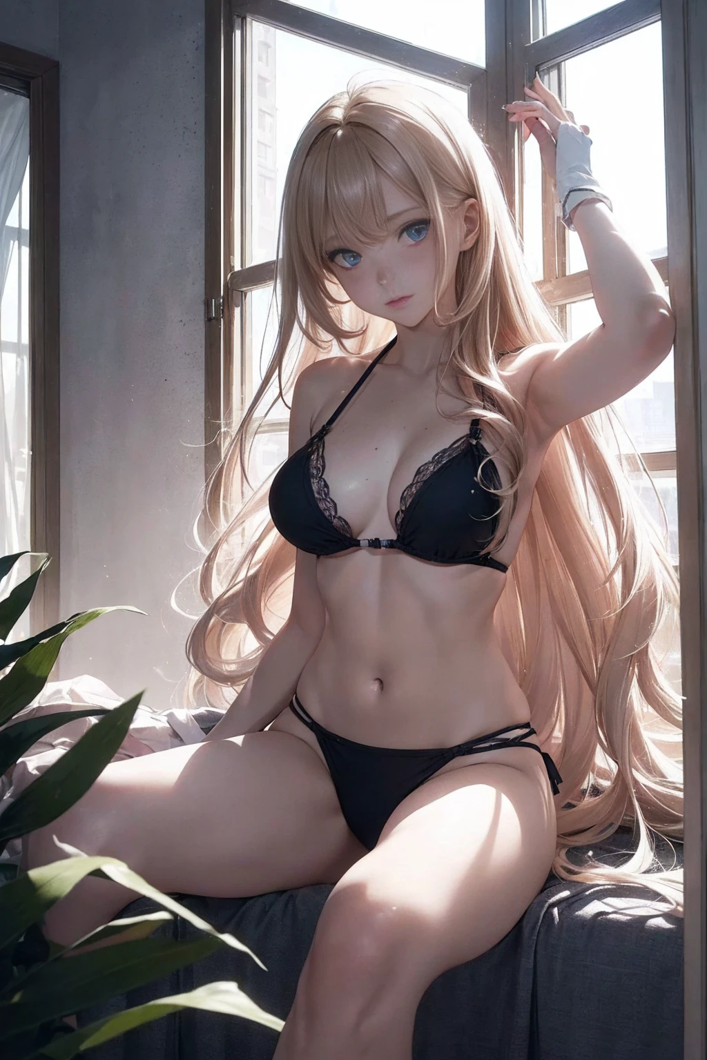 ((1 Female, 1 person, Solitary) Alice, Humanity, Long curly blond hair, blue eyes, freckle, ager, 18 years, Rebirth_ongoing) (Main Part, Super detailed, 8K, (HD, Sunlight:0.5, Soft_shadow:0.5, atmosphere_light, 8K, 4K, Surrealism, elegant, ((((Appearance)))), Soft Ton, 柔和的light))(((Dark, Chiaroscuro)))Bikini