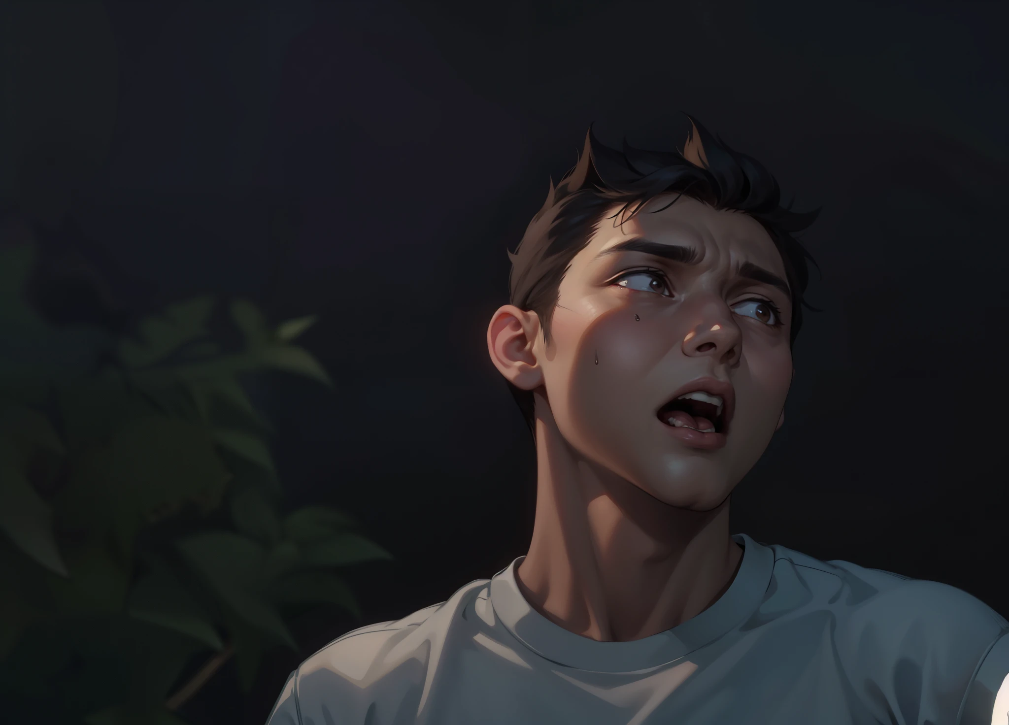 He is talking with his mouth open He is worried Somewhat scared He yells at someone to stop