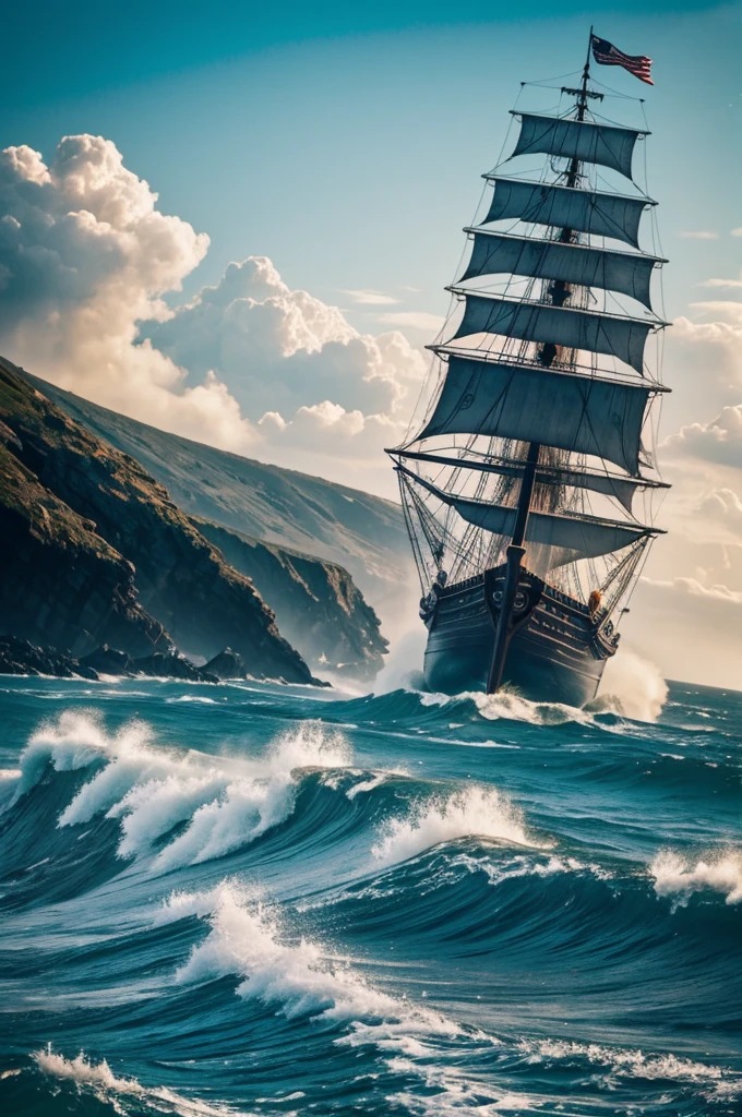 Raging sea and pirate ship