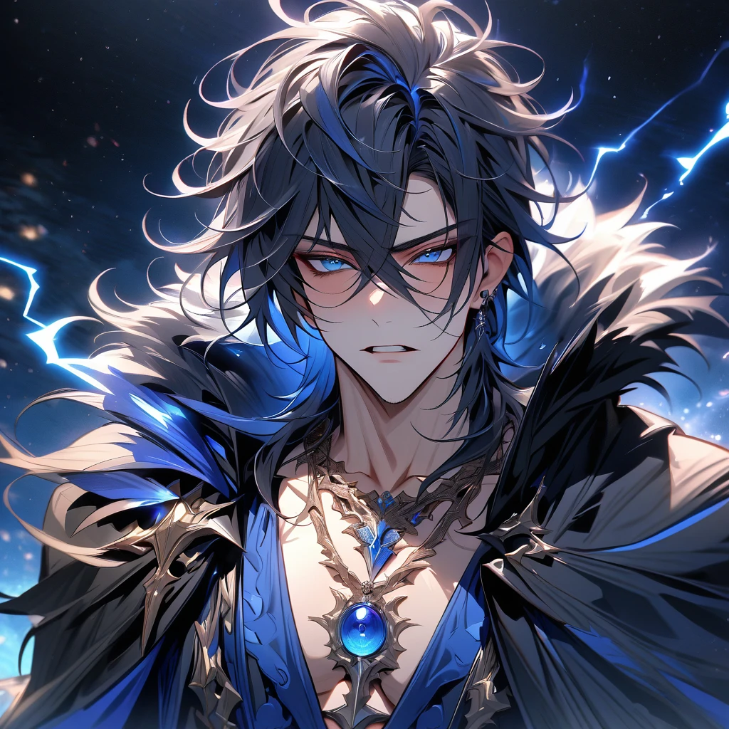 absurdres, highres, ultra detailed, HDR, master piece, best quality, Luka, black hair, messy hair windswept, expressive blue eyes, Demon Sorrow, solo, sexy man, handsome, black cape with fur, necklace, blue lightning, fantasy, blue small orbs, starry sky background