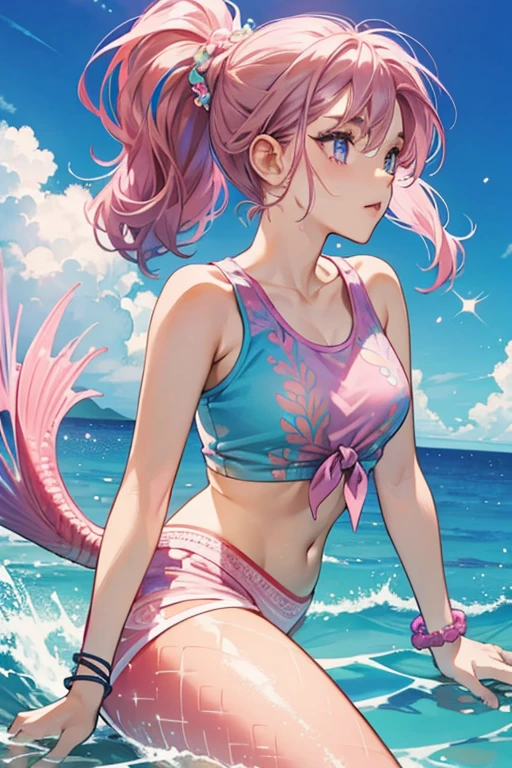 Waves has dark pink hair, tied into a short ponytail. She has hot pink eyebrows and teal eyes. She wears lilac bracelets, along with a pink tank top, sky blue scale patterned underpants, and a purple mermaid tail. SPARKLE; GLITTER