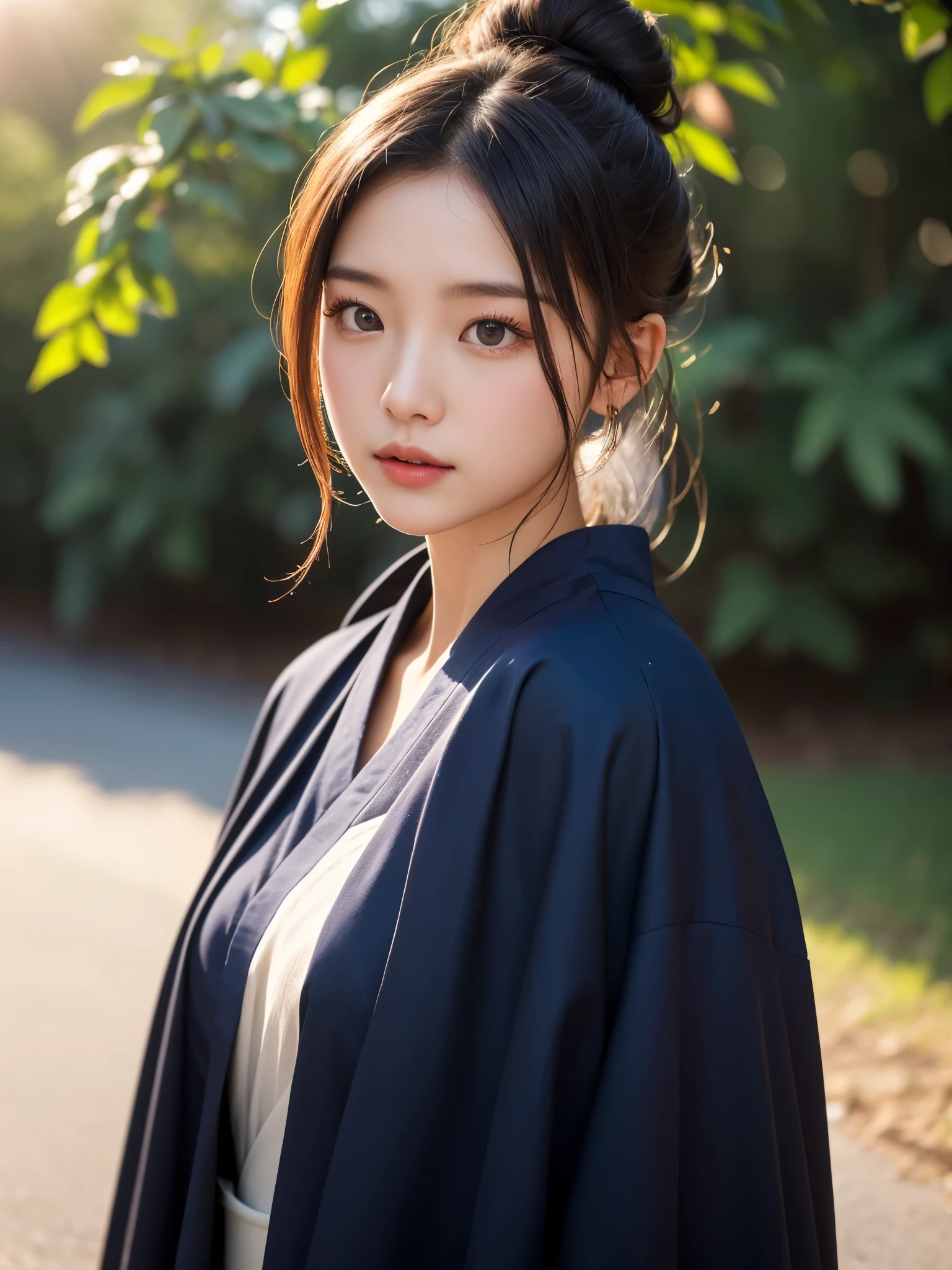 Real, cinematic, high quality photo, extremely beautiful young Asian lady, Taoist style, conservative half-length style, hairstyle in bun, soft light, wearing dark blue Taoist robe, soft emotions, social media feeling background, sunshine, realism, surreal, Highly detailed, shot with a Sony a1 camera
