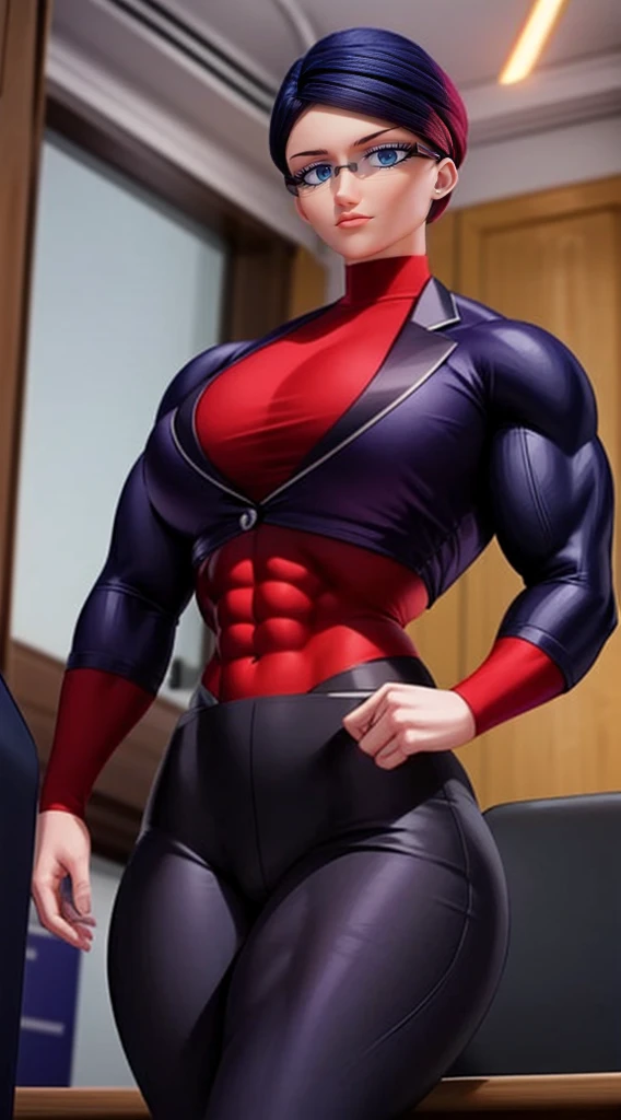 a muscular female bodybuilder in (( red bra inside (office suit) and her hair is (gradient of dark blue and red) from end to the right side of head)), detailed face, beautiful detailed eyes, beautiful detailed lips, ((extremely detailed face and muscles)), long eyelashes, strong muscles bulging through suit, dynamic pose, professional studio lighting, hyperrealistic, 8k, high quality, photorealistic, physically-based rendering, concept art, dramatic color palette,((abs)).