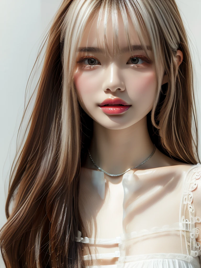 (((amount、White 、Asian Woman、beautiful girl、Silver Hair、White Background、)))、Tabletop, Highest quality, shape, Very detailed, finely, High resolution, 8k wallpaper, Perfect dynamic composition, finelyて美しい目, Deco Out, Medium Hair, Small breasts, Natural color lip,White Background, Random cute poses,White tank top、(((See-through 1.5)))、Necklaces and earrings、