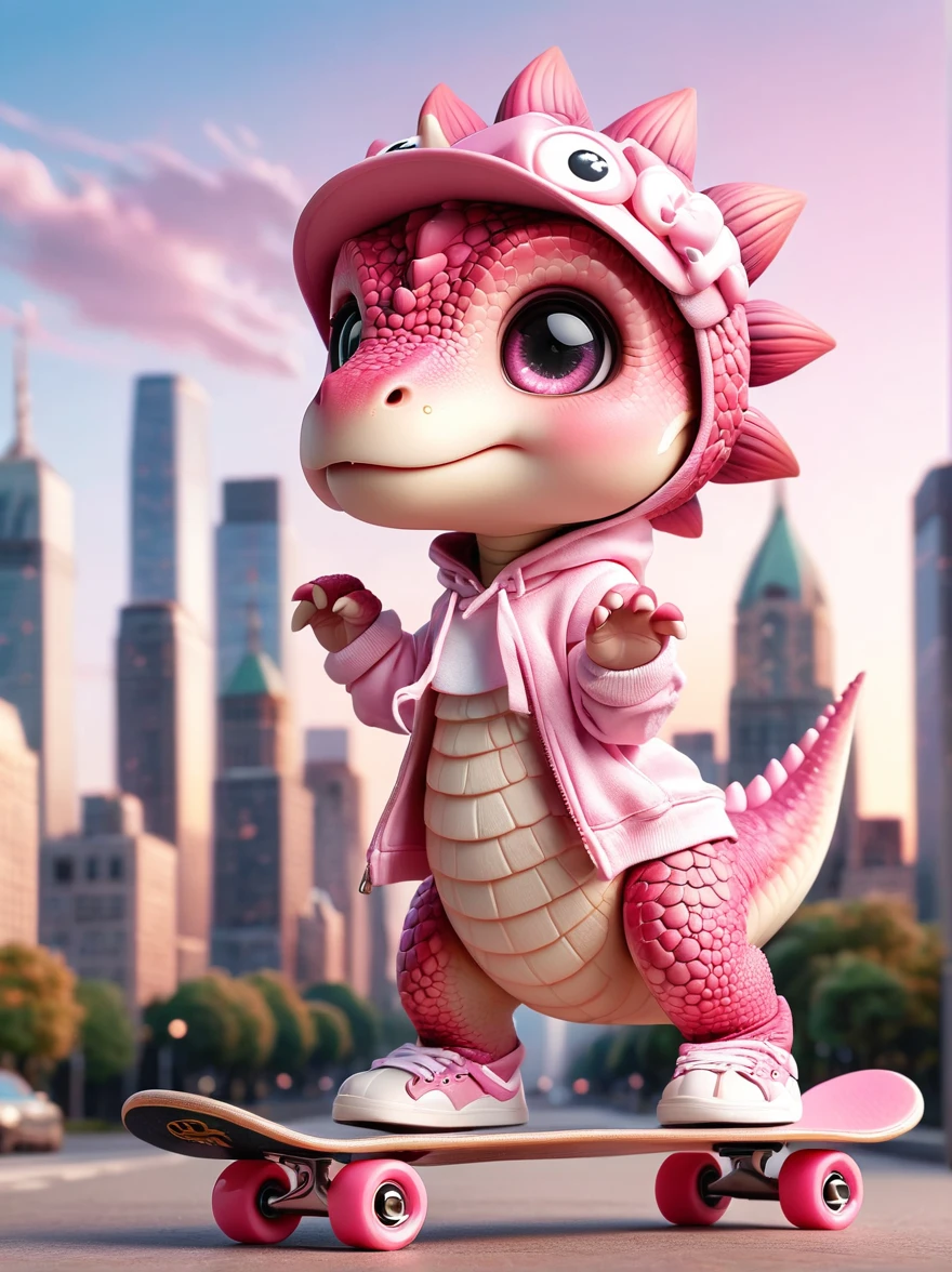 A girl dressed in a pink dinosaur costume, Pink sneakers, strike a playful pose, Standing on a skateboard, Pink Eyes, proudly, Cartoon Style, full-body shot, City skyline background, Created with C4D and Blender, Blind box toy styles, Super Detail, Anatomically correct, masterpiece, precise