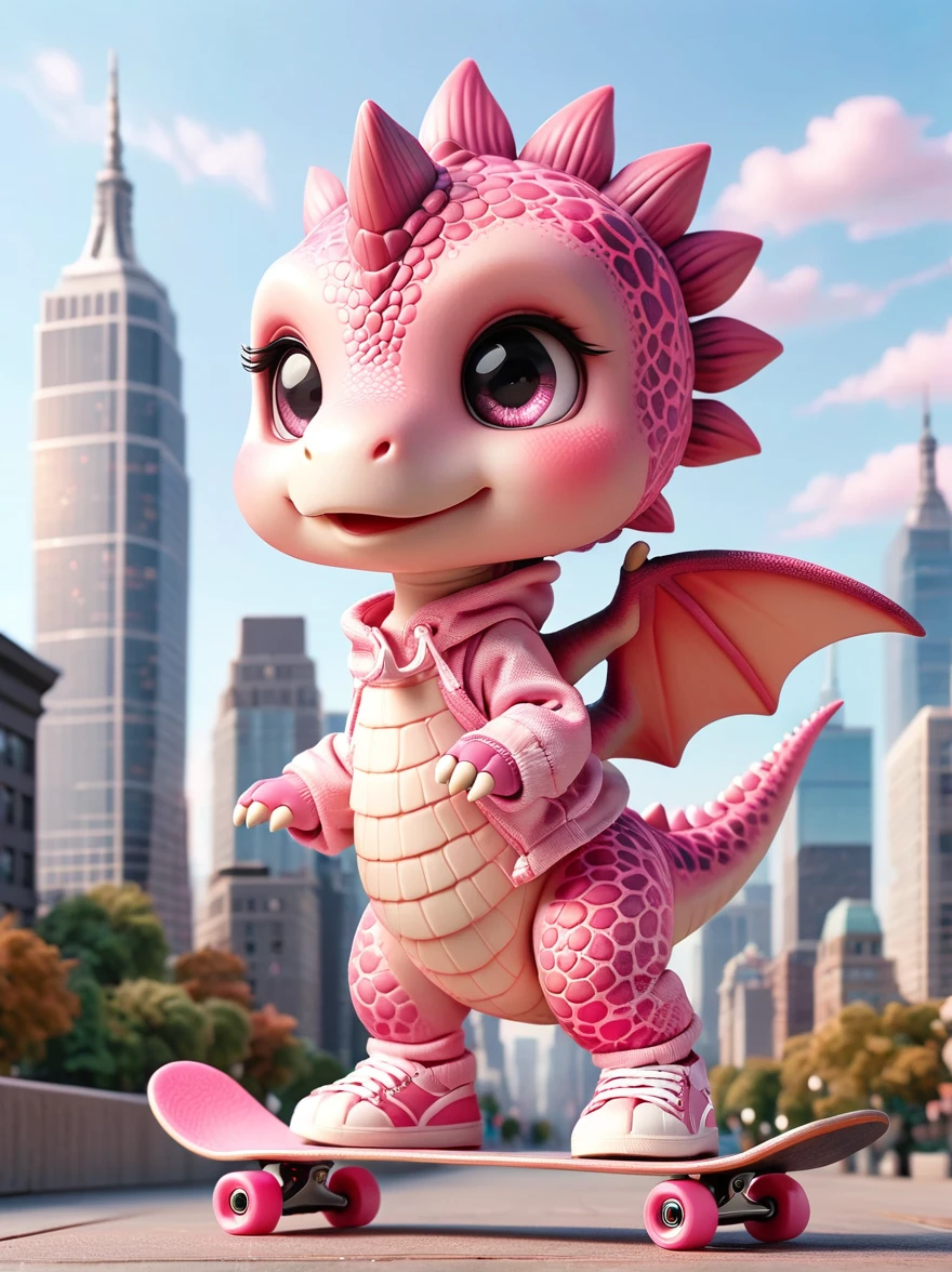 A girl dressed in a pink dinosaur costume, Pink sneakers, strike a playful pose, Standing on a skateboard, Pink Eyes, proudly, Cartoon Style, full-body shot, City skyline background, Created with C4D and Blender, Blind box toy styles, Super Detail, Anatomically correct, masterpiece, precise