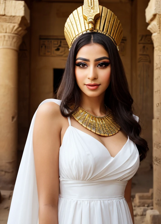 Arafed woman in a white dress and a golden headdress., hermosa Cleopatra, Egyptian princess, retrato de Cleopatra, Cleopatra, Egyptian, Egyptian style, Egyptian clothing, Cleopatra in her palace, Egyptian clothes, ancient princess Libu, android girl in Egyptian ruins, wearing an Egyptian crown, ancient Egyptian, retrato de Cleopatra, Beautiful goddess, pharaoh clothes, Egyptian makeup