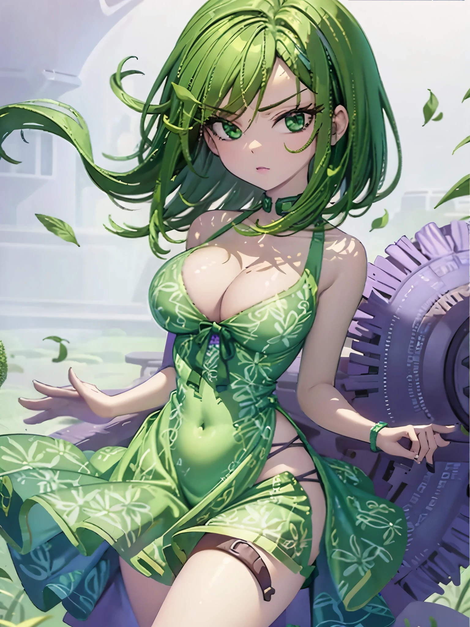 1girl, solo, beautiful girl, green skin, green eyes, big eyes, long eyelashes, green hair, short hair, shiny hair, asymmetrical bangs, asymmetrical hair, medium breasts, purple panties, floral print panties, purple scarf, looking at viewer, bare arms, bare shoulders, disgust face, narrow waist, big butt, violet lips, lip gloss, makeup, perfect hands, perfect anatomy, nipples, puffy nipples, cleavage, midriff, navel, topless, breasts focus, purple background, round windows, inside,