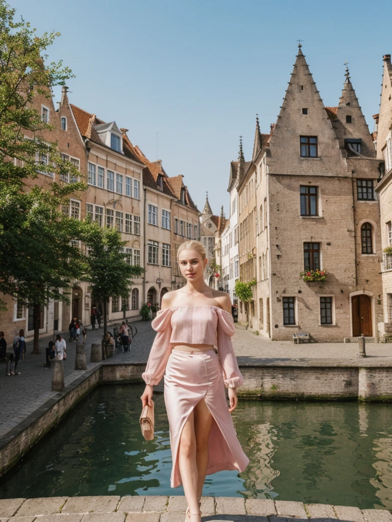 her name is Elle, high quality, 1girl, ((20-year-old fit Caucasian woman)), ((20 years old)), ((fit)), ((pale skin)), ((sleek ponytail blonde colored hair)) , wearing Neon Pink Sequined One-Shoulder Top + High-Waisted Satin Wrap Skirt, pose: standing, background: Detail the fairy-tale ambiance of Bruges, with its medieval buildings, serene canals, and picturesque market squares lined with charming cafes.