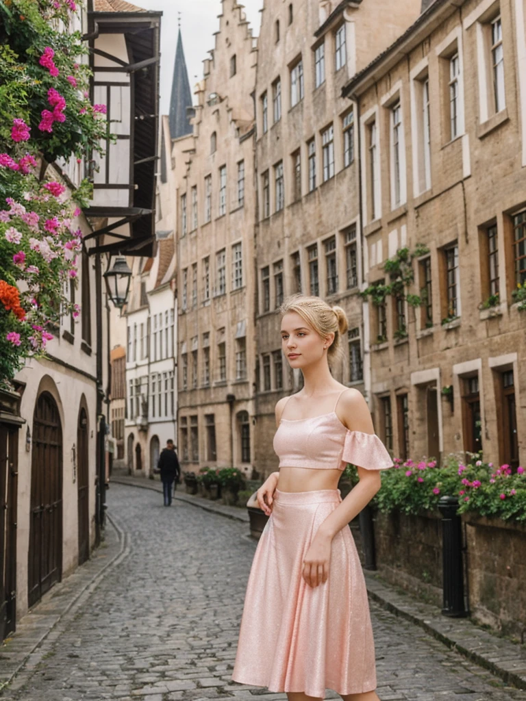 her name is Elle, high quality, 1girl, ((20-year-old fit Caucasian woman)), ((20 years old)), ((fit)), ((pale skin)), ((sleek ponytail blonde colored hair)) , wearing Neon Pink Sequined One-Shoulder Top + High-Waisted Satin Wrap Skirt, pose: standing, background: Detail the fairy-tale ambiance of Bruges, with its medieval buildings, serene canals, and picturesque market squares lined with charming cafes.