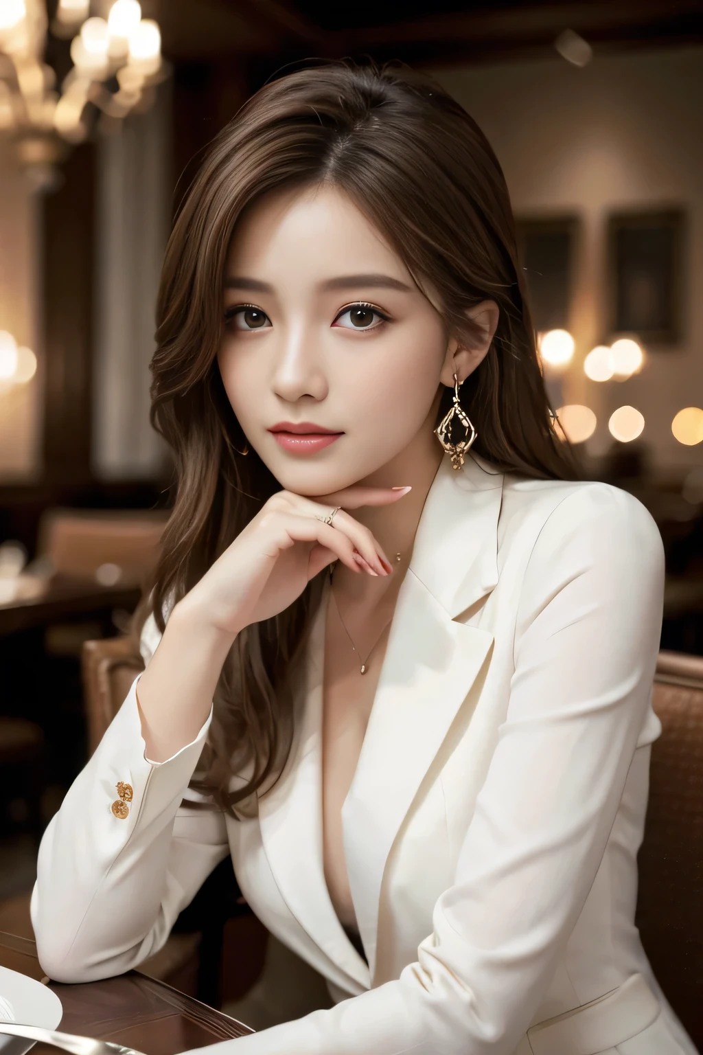 masterpiece, Highest quality, Realistic, Very detailed, Finer details, High resolution, 8k wallpaper, One beautiful woman, Wear a nice suit, In a great restaurant, At night, Light brown messy hair, Perfect dynamic composition, Beautiful and beautiful eyes、Big earrings、Sit on a chair、