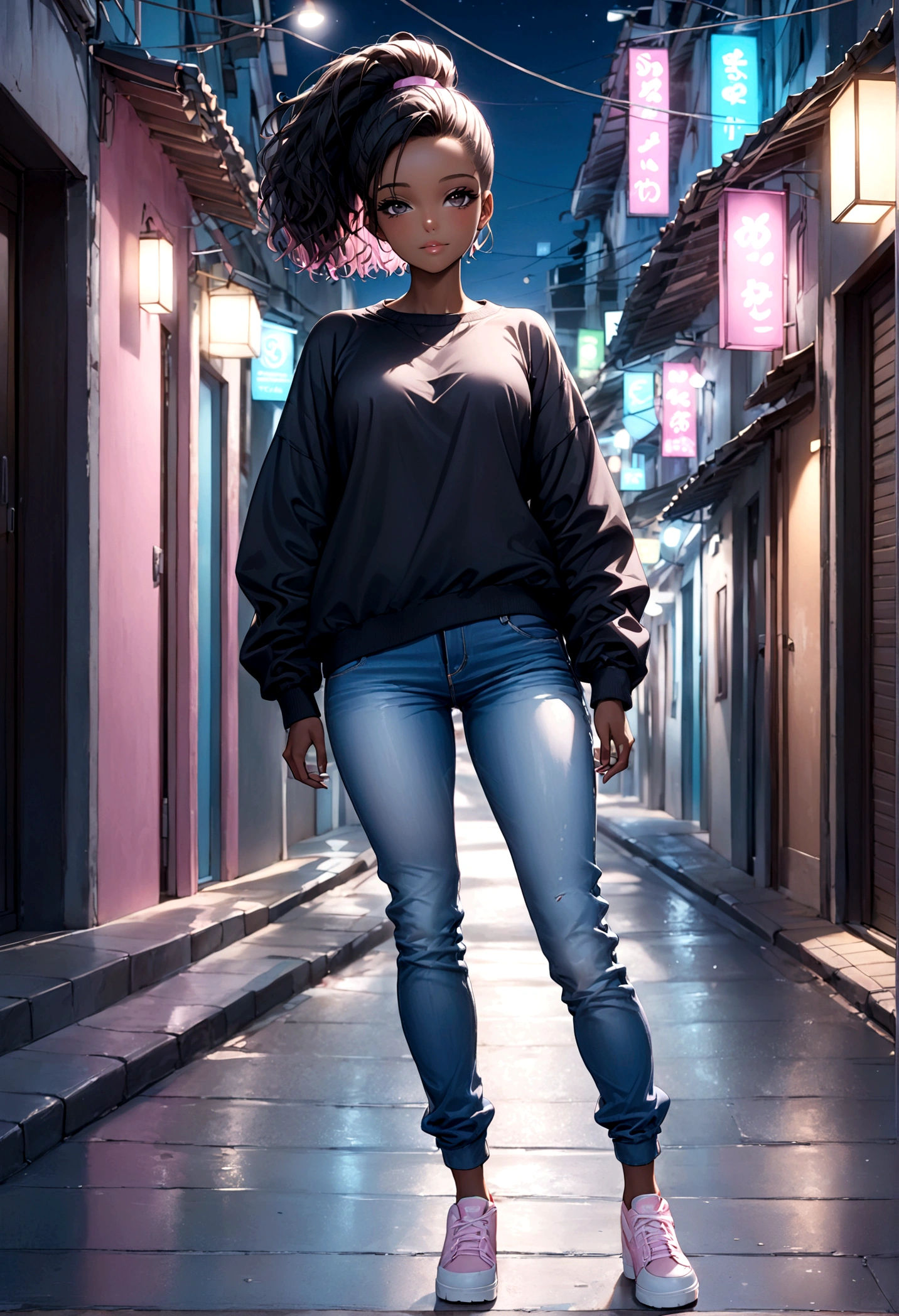 ultra realistic photo, full body, best quality, masterpiece, black woman inspired by Barbie, black skin, beautiful face, wearing jeans: 0.91 and black sweatshirt, realistic smooth skin, ultra realistic skin, pastel neon, night, dynamic lighting, on a street in Rio de Janeiro, (dynamic pose:1.10), (good composition:1.10), (subtle lighting:1.10), (Awarded:1.10), ((breathtaking:1.10:1.35)) , ( πrim-work :1.10), (highly detailed skin:1.2), (filmic grain:0.04), particle effects, __Camera capture_Models/sigma__, NEWS TYPE, speed lines, (perfect handsome young face:1.10) , (Pink :1.10)