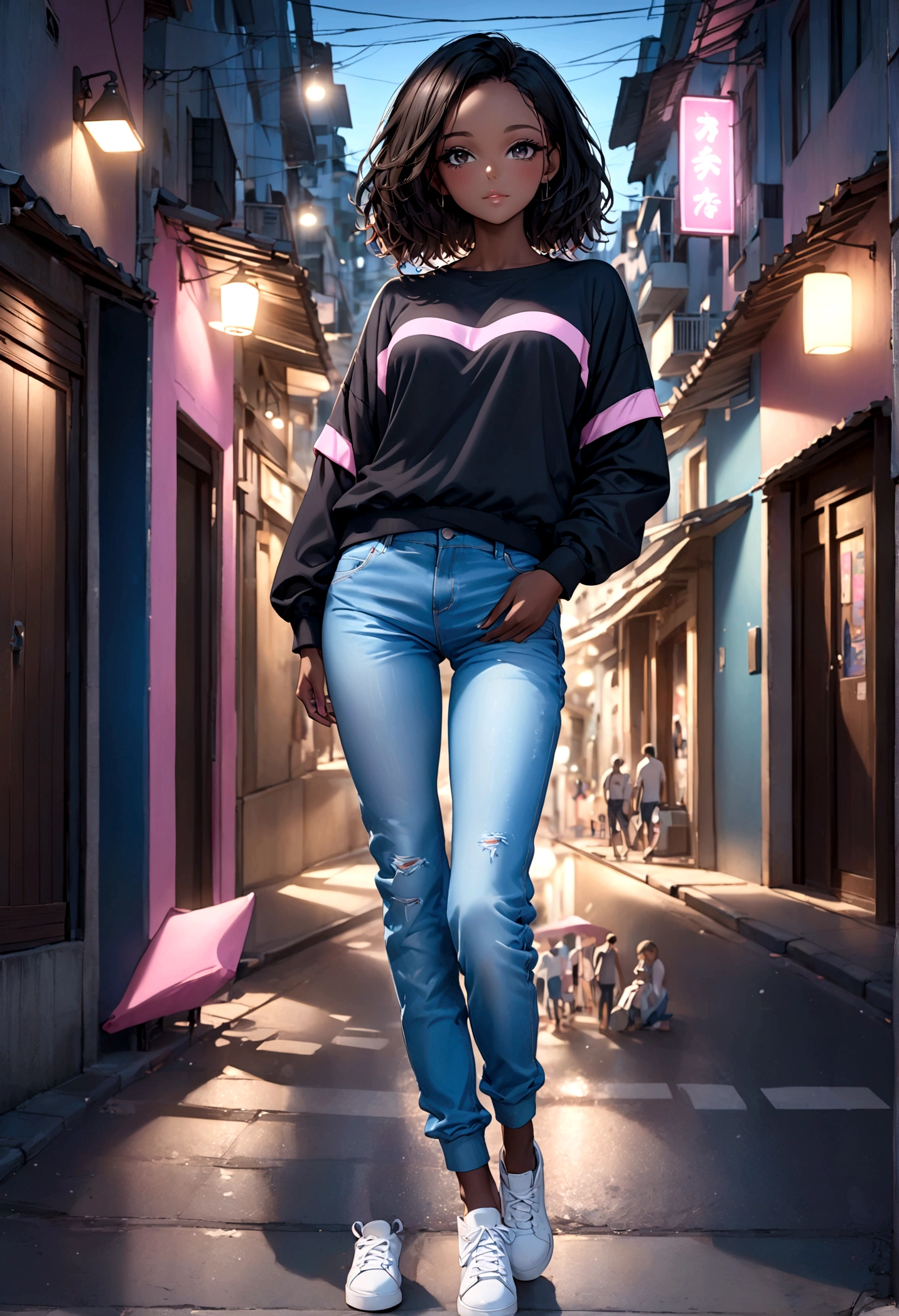 ultra realistic photo, full body, best quality, masterpiece, black woman inspired by Barbie, black skin, beautiful face, wearing jeans: 0.91 and black sweatshirt, realistic smooth skin, ultra realistic skin, pastel neon, night, dynamic lighting, on a street in Rio de Janeiro, (dynamic pose:1.10), (good composition:1.10), (subtle lighting:1.10), (Awarded:1.10), ((breathtaking:1.10:1.35)) , ( πrim-work :1.10), (highly detailed skin:1.2), (filmic grain:0.04), particle effects, __Camera capture_Models/sigma__, NEWS TYPE, speed lines, (perfect handsome young face:1.10) , (Pink :1.10)