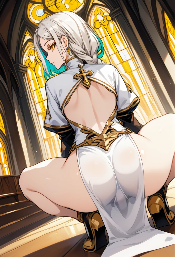 Mature woman, mature face, gentle face, glossy lips, golden eye color, golden eyes, gentle eyes, (braid hairstyle, bob hair, white hair, yellow gradient hair color, glossy hair), slender body, thick thighs, saintess clothes, white clothes, white loincloth, (ass through clothing), church, crouching, view from above, back view