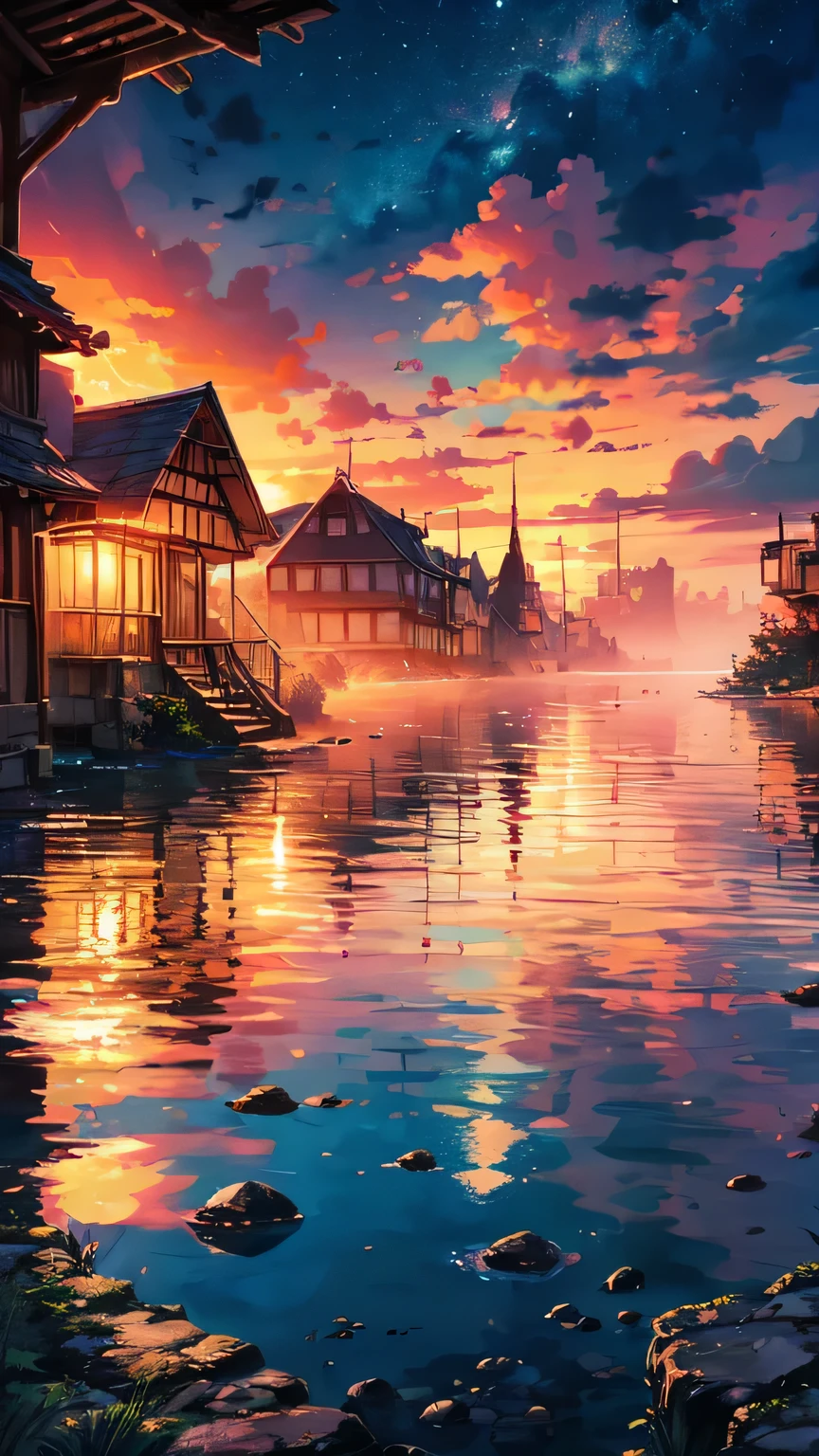 "Enchanting sunset moment with a girl enchanted by the magnificent golden sunlight and swirling clouds, evoke a sense of awe and vibrant colors. masterpiece."