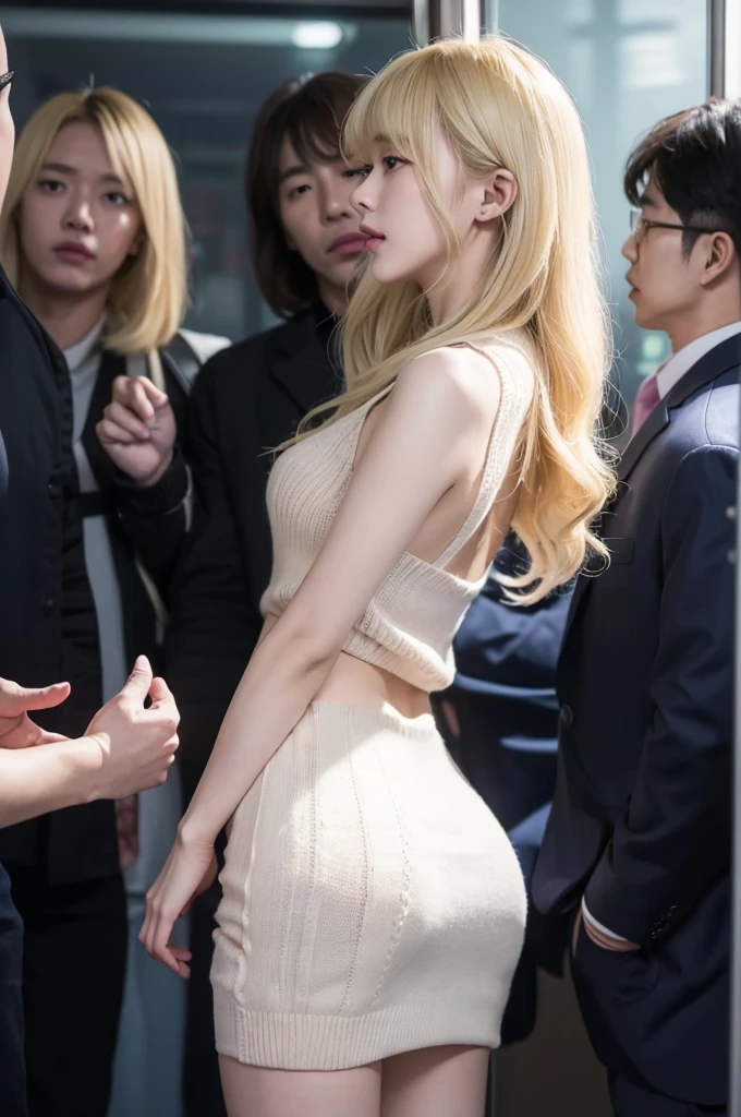 Quarterview, 8K, Photographic images, masterpiece, 最high quality, super resolution, Beauty with curly hair, ((blonde beauty)), With bangs, Impossibly cute face, and slim, small breasts, high quality, T Masterpiece, exquisite features, delicate eyes, delicate hair, 8K quality, Pale light and shadow, Dindal effect, disheveled hair, young country, Erotic scenes, rock, (element), Dark light background, (Group molesters:1.3), 1 korean girl, (side view from the feet), She was finger raped by several men、(((Inside a crowded train in Korea))),((She is behind the corner of the train)), (((She is forced to stand between men and is finger-raped:1.3))), (men are standing around her), (she is wearing sleeveless knit and miniskirt : 1.3), (super beautiful face), ( She was grabbed breast and ass by the man, The men cupped her buttocks with their hands.:1.3), (NSFW), (Her miniskirt is being lifted up from below by men.), (((The man's finger is invading her vaginal opening and raping her with a fingers))), ((she is gagged by man's hand)), (((A man puts a hand inside her skirt))), (((man pulls her skirt))), (((Anxious and embarrassed, her expression of ecstasy), (her mouth half open), (She is looking down because she is embarrassed.), (She is very reluctant), (she is refusing), (Very troubled look), ((((groan of pain))), (((There is no other woman than her))), (((orgasm : 1.4))), (((moaning : 1.2))), (a number of middle aged men),(She is caught and sexually harassed by the men.. : 1.5), Forced to be sexually assaulted by two men, her body violated by them, She is grabbed by the arm by him and cannot escape, men's dicks are being inserted into her pussy and anus., a man forcley tightens her panties, spooning sex pose, A man tears off her pantyhose to explore her pussy., caught, (The men grabbed her thighs.), caress, fondle,(She had forcely sex by double penetration. : 1.4)