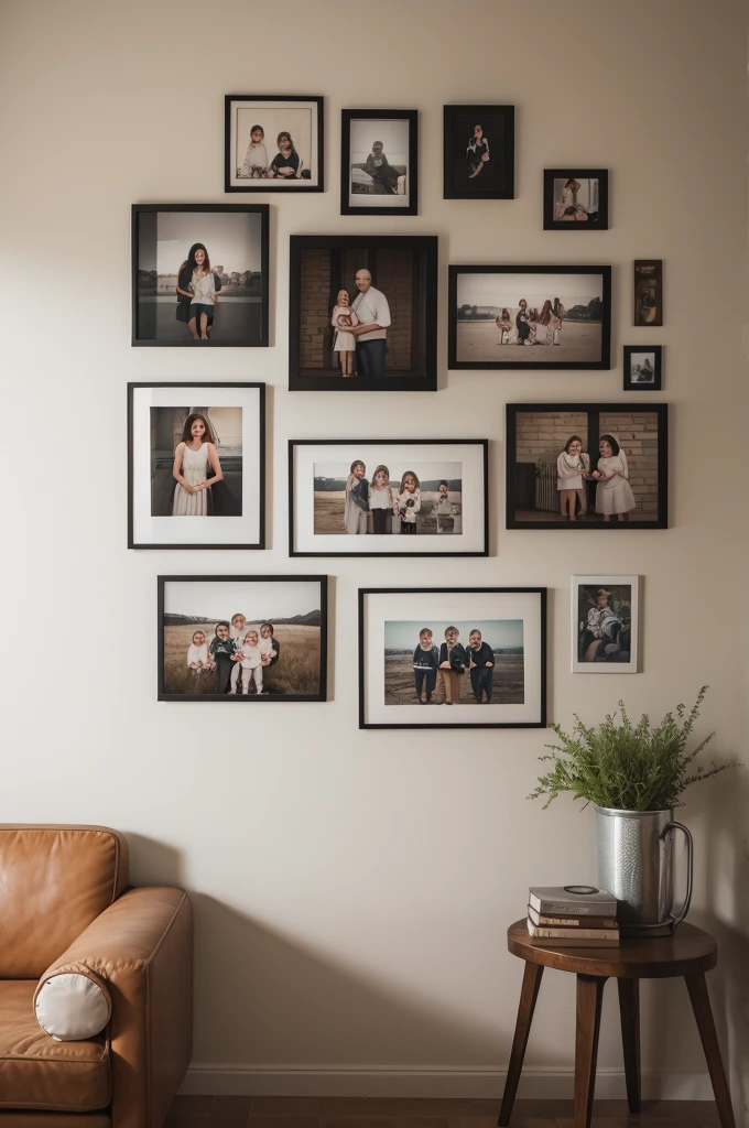 a wall with a family photo hanging