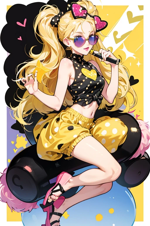 SPF Q.T. has blonde hair, tied into a large bow. She has red and black heart- sunglasses, blue eyes and pastel pink lipstick.

She wears a yellow top with black polka dots. She also wears yellow shorts with black polka dots. Her red sandals have a pom-pom on each foot. SPARKLE; GLITTER