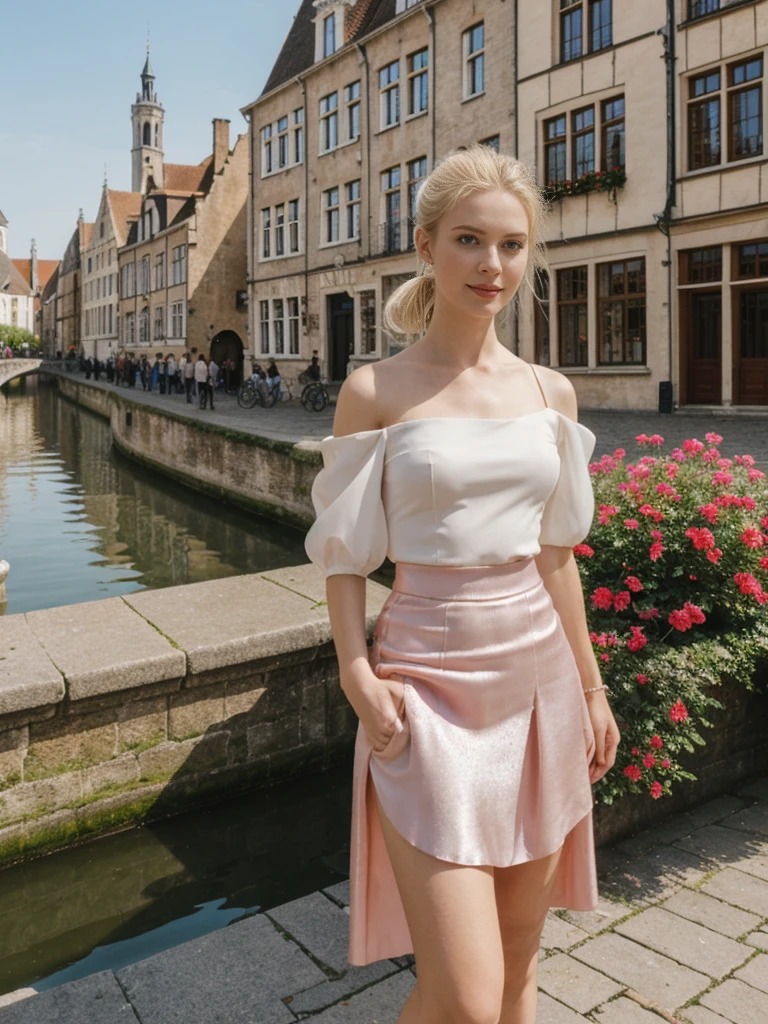 her name is Elle, high quality, 1girl, ((20-year-old fit Caucasian woman)), ((20 years old)), ((fit)), ((pale skin)), ((sleek ponytail blonde colored hair)) , wearing Neon Pink Sequined One-Shoulder Top + High-Waisted Satin Wrap Skirt, pose: standing, background: Detail the fairy-tale ambiance of Bruges, with its medieval buildings, serene canals, and picturesque market squares lined with charming cafes.