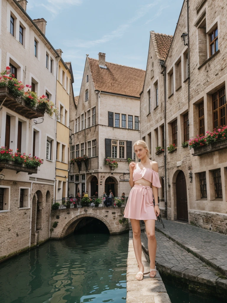her name is Elle, high quality, 1girl, ((20-year-old fit Caucasian woman)), ((20 years old)), ((fit)), ((pale skin)), ((sleek ponytail blonde colored hair)) , wearing Neon Pink Sequined One-Shoulder Top + High-Waisted Satin Wrap Skirt, pose: standing, background: Detail the fairy-tale ambiance of Bruges, with its medieval buildings, serene canals, and picturesque market squares lined with charming cafes.