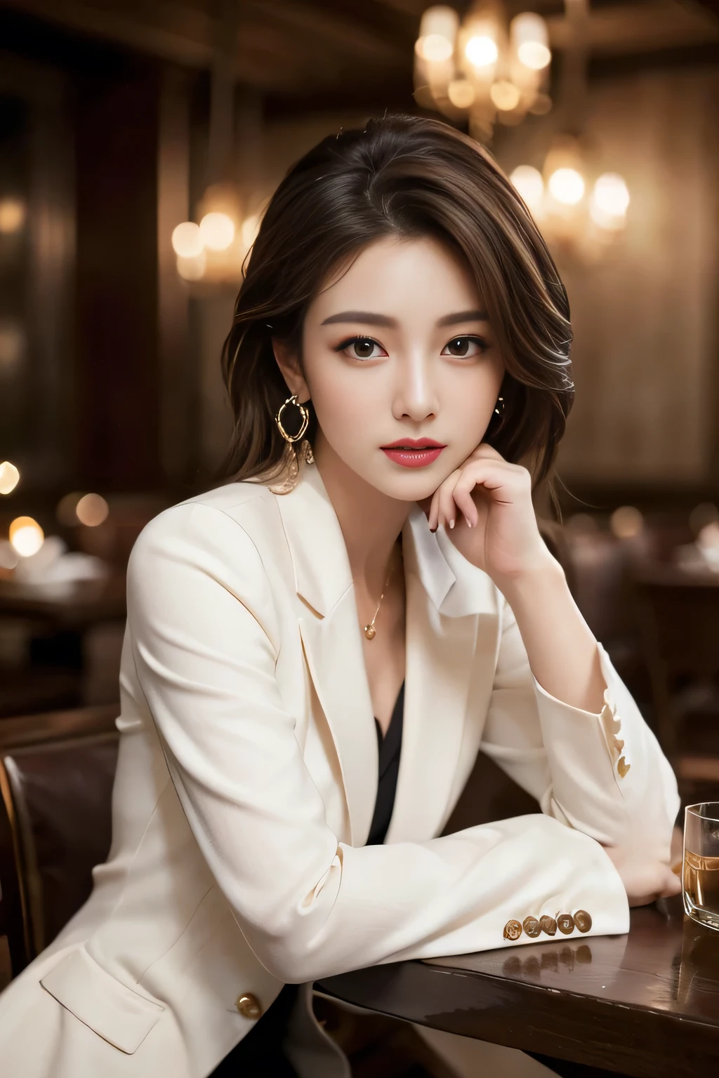 masterpiece, Highest quality, Realistic, Very detailed, Finer details, High resolution, 8k wallpaper, One beautiful woman, Wear a nice suit, In a great restaurant, At night, Light brown messy hair, Perfect dynamic composition, Beautiful and beautiful eyes、Big earrings、Sit on a chair、