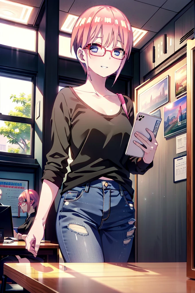 ichikanakano, Nakano Ichika, short hair, bangs, blue eyes, Hair between the eyes, Pink Hair, Grin,smile,Glasses,black tank top shirt,Skinny jeans,Stiletto heels,interior,There is a computer on the table,whole bodyがイラストに入るように,Walking,Daytime,Clear skies,
break indoors, office,
break looking at viewer,whole body,
break (masterpiece:1.2), Highest quality, High resolution, unity 8k wallpaper, (figure:0.8), (Beautiful attention to detail:1.6), Highly detailed face, Perfect lighting, Highly detailed CG, (Perfect hands, Perfect Anatomy),