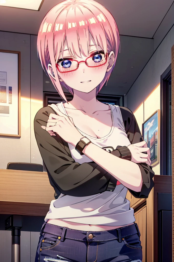 ichikanakano, Nakano Ichika, short hair, bangs, blue eyes, Hair between the eyes, Pink Hair, Grin,smile,Glasses,black tank top shirt,Skinny jeans,Stiletto heels,interior,There is a computer on the table,whole bodyがイラストに入るように,Walking,Daytime,Clear skies,
break indoors, office,
break looking at viewer,whole body,
break (masterpiece:1.2), Highest quality, High resolution, unity 8k wallpaper, (figure:0.8), (Beautiful attention to detail:1.6), Highly detailed face, Perfect lighting, Highly detailed CG, (Perfect hands, Perfect Anatomy),
