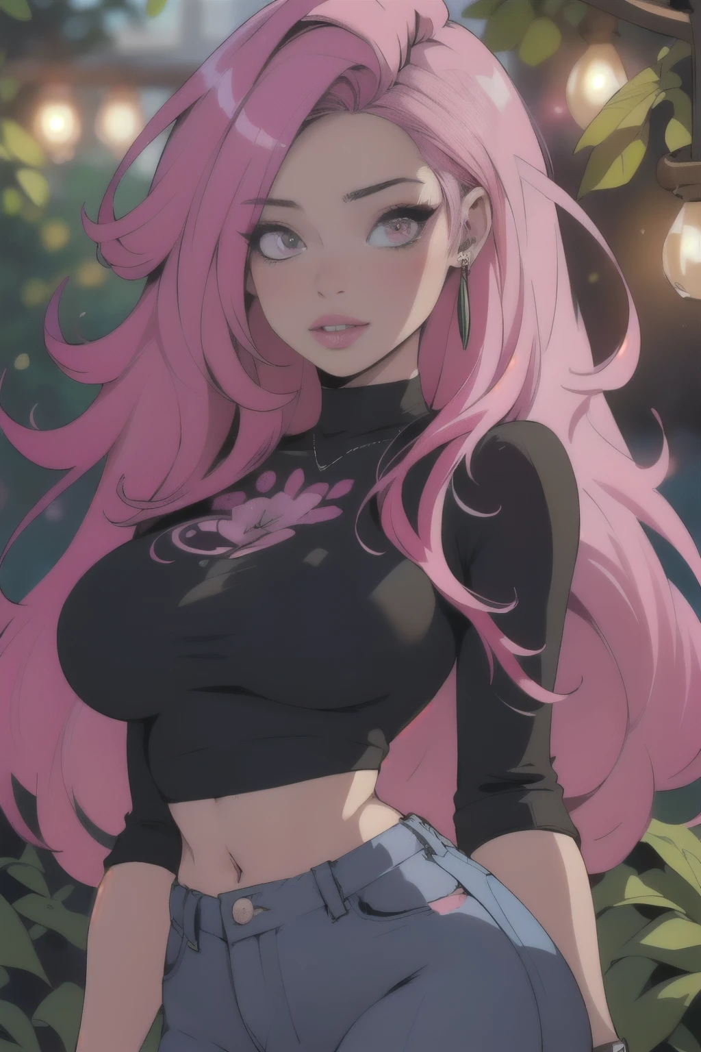 photo of Meowko, RAW, beautiful woman, ((portrait)), ((detailed face:1.2)), ((detailed facial feature, detailed skin, glossy lips, shiny luscious lips, clear skin), (long pink hair, Candy fuchsia hair, bright pink hair: 1.55), (slender body, narrow waist, narrow hips, skinny body, huge breasts), (wearing a tight blue jeans, crop top, jewelry), (cozy garden filled with greens ), (realistic photo, best quality, detailed), (8k wallpaper), (cinematic lighting, beautiful light, (day:1.3)) (sharp focus, intricate)