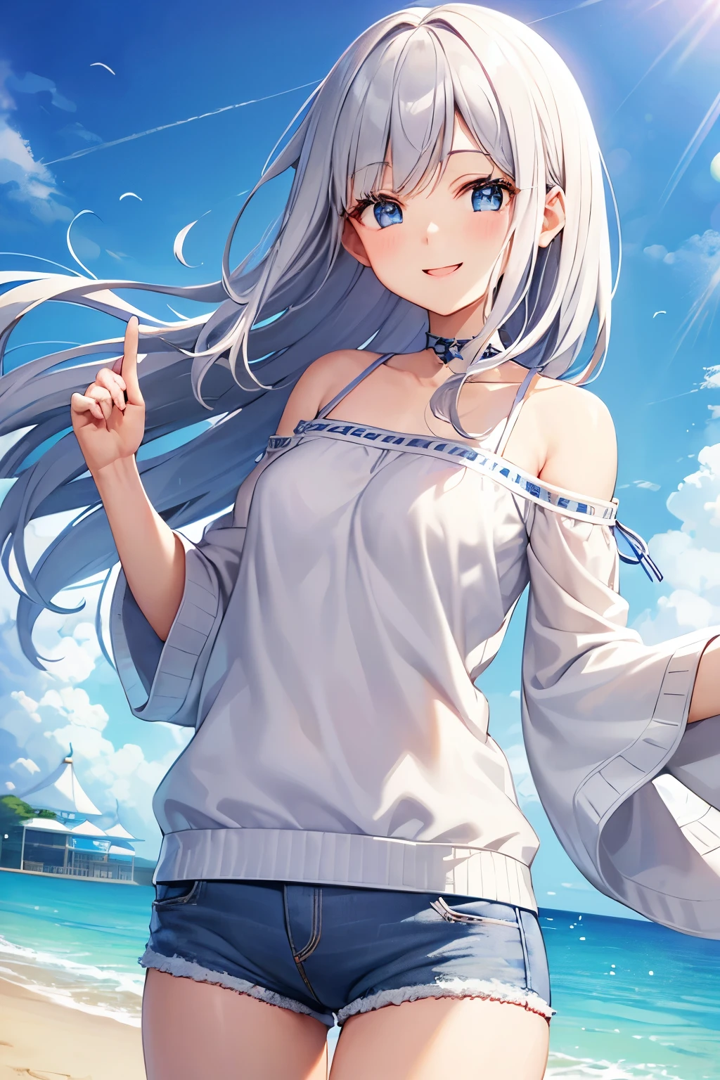 cute beautiful woman、Small face、
Beautiful anime face、(((A very happy smile)))、Happy gesture、Her hair is light grey and fluffy、Beautiful big blue eyes、Summer knit and hot pants、Background amusement park、The wind blows and the hair flutters