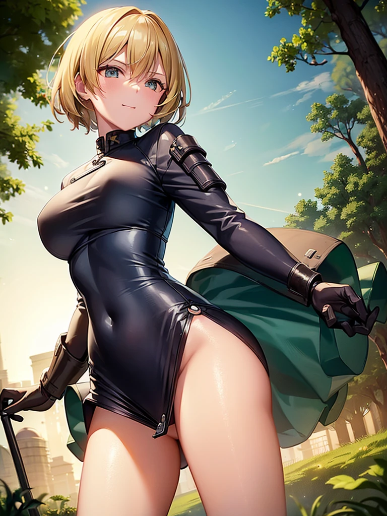 ((((work of art)))), Cao Cao quality, lots_Cao Cao_resolution, big fit ass_file size, full color, steam punk featuring a futuristic planet,, in a distant forest, bustling alien markets, and an off-road bike. The protagonist is a stunning girl in the upper body, 1 person, blonde, 小柄, bob, silver smile, mechanized weapons. wearing a white blouse, distressed denim shorts, engineer boots, and riding an off-road bike. Beauthfull,