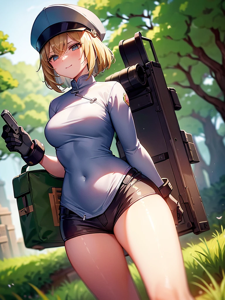 ((((work of art)))), Cao Cao quality, lots_Cao Cao_resolution, big fit _file size, full color, steam punk featuring a futuristic planet,, in a distant forest, bustling alien markets, and an off-road bike. The protagonist is a stunning girl in the upper body, 1 person, blonde, 小柄, bob, silver smile, mechanized weapons. wearing a white blouse, distressed denim shorts, engineer boots, and riding an off-road bike. Beauthfull,