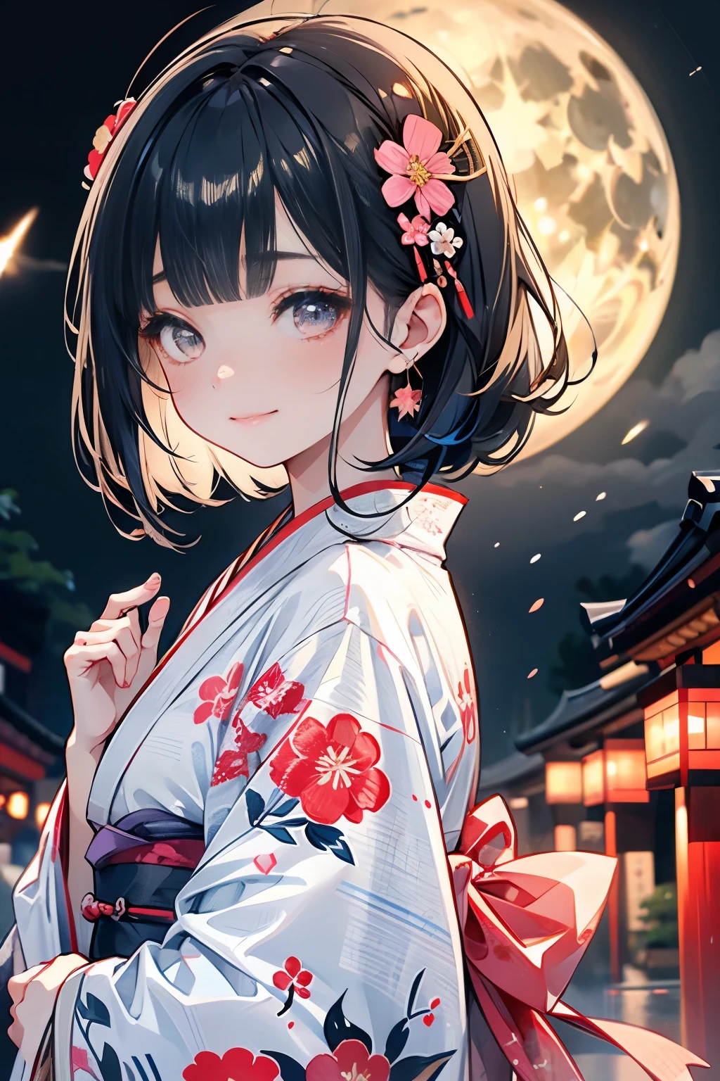 Yukata with beautiful floral pattern in the Japan、One girl、cute、young、Semi-long beautiful black hair、Straight Bangs、Beautiful Eyeasterpiece、Highest Resolution、An innocent smile、Japanese Festivals、firework、full moon、shooting star