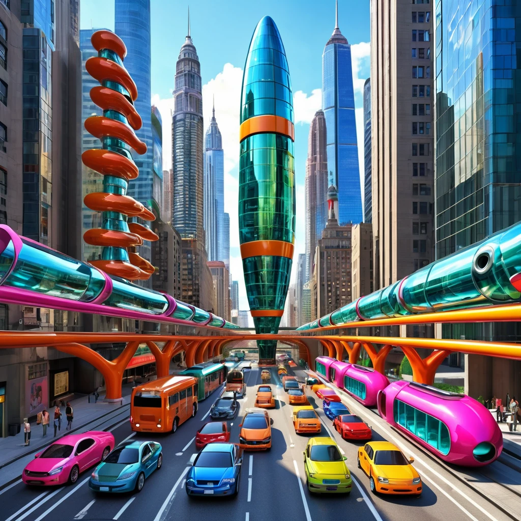 A great futuristic metropolitan made of glass and steel where tall buildings are shaped liked dildos and vehicles are individual sperm with wheels and windows moving down the streets. Tunnels look like vaginas. Hyper realistic, vibrant colors, 16k