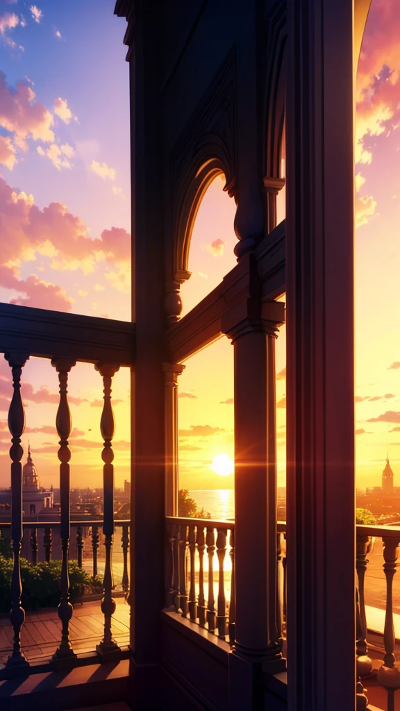 ,sunset,balcony of a elegante palace,