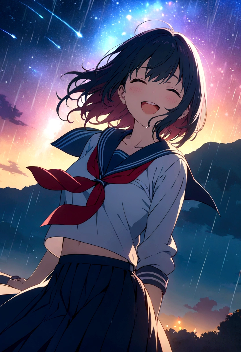 masterpiece, Highest quality, Highly detailed CG Unity 8k wallpaper, Movie stills, 1 person, Starry Sky, shooting star,  Sailor suit, Red ribbon, Floating in the sky, Colorful Sky, rain, bright, Happy, Warm and soft lighting, (spark:0.7)