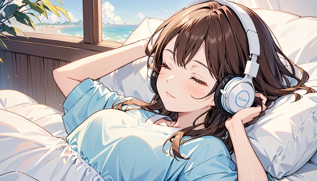 Girl wearing headphones,ベッドでrelaxして寝ている,Brown Hair,One girl,Eyes closed,relax