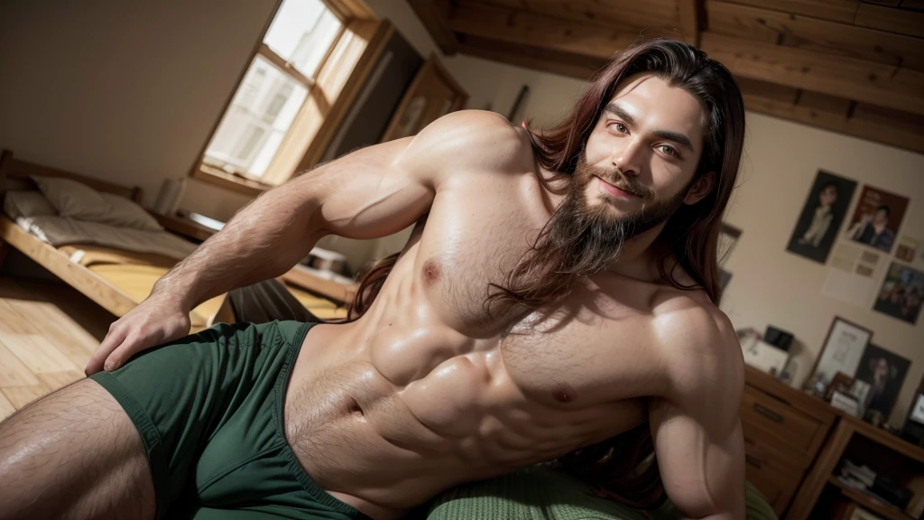 A man, black hair, dark skin, trimmed beard, handsome, muscular, long red hair with big green eyes, has a big sensual smile, has no shirt and only wears fairly tight underwear that shows his crotch, he is quite tall.