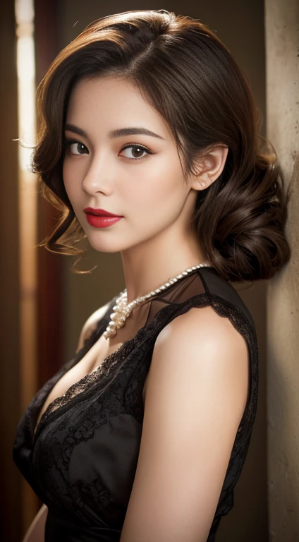 Highest quality, 8K, masterpiece :1.3)), whole body, Sharp focus :1.2, Beautiful woman with perfect figure :1.4, Slim Abs :1.2, ((Dark brown hair, Big Breasts :1.2)), (masterpiece:1.3), (8K, Photorealistic, Raw photo, Best image quality: 1.4), Japanese schoolgirl、(Random Hairstyles:1.2)、Cleavage:1.2、Super detailed face、Attention to detail、double eyelid、Put your chest together、Sharp focus:1.2、Beautiful woman:1.4、Light brown hair、Highest quality、masterpiece、Ultra-high resolution、(Photorealistic:1.4)、Highly detailed and professionally lit smile、
"Woman in her 20s, Vintage Fashion, Classic beauty, Elegant hairstyle, Red lipstick, Detailed facial features, Expressive eyes, Well-defined eyebrows, Stylish clothing, Retro Accessories, High Contrast, Dramatic lighting, Cinematic atmosphere, Nostalgic atmosphere, Soft Focus, Sophisticated charm, Attractive pose, Pearl Necklace, Cigarette Holder, Timeless elegance, Film noir atmosphere, A captivating presence, Black Satin Dress, Tailored silhouette, Movie actress, Romantic charm, Captivating Gaze, Vintage background, intricate lace detailing, vintage car,, Old Hollywood charm, Impressive composition, Reminiscent of a bygone era, A bit of mystery, Timeless beauty, Movie star quality, Strong and independent, Brightness and confidence, Mysterious Smile, The Charm of the Femme Fatale, A timeless portrait, Chiaroscuro lighting, Retro Hairstyles, Long Hair, Highly detailed face,