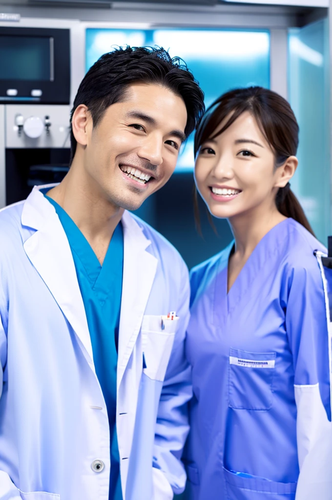 Male dentist and female dental hygienist 2people A good business partner 日本people系 Wearing a lab coat Wearing medical scrubs Upper body close-up high resolution high resolution Highest quality 日本people Harmony々