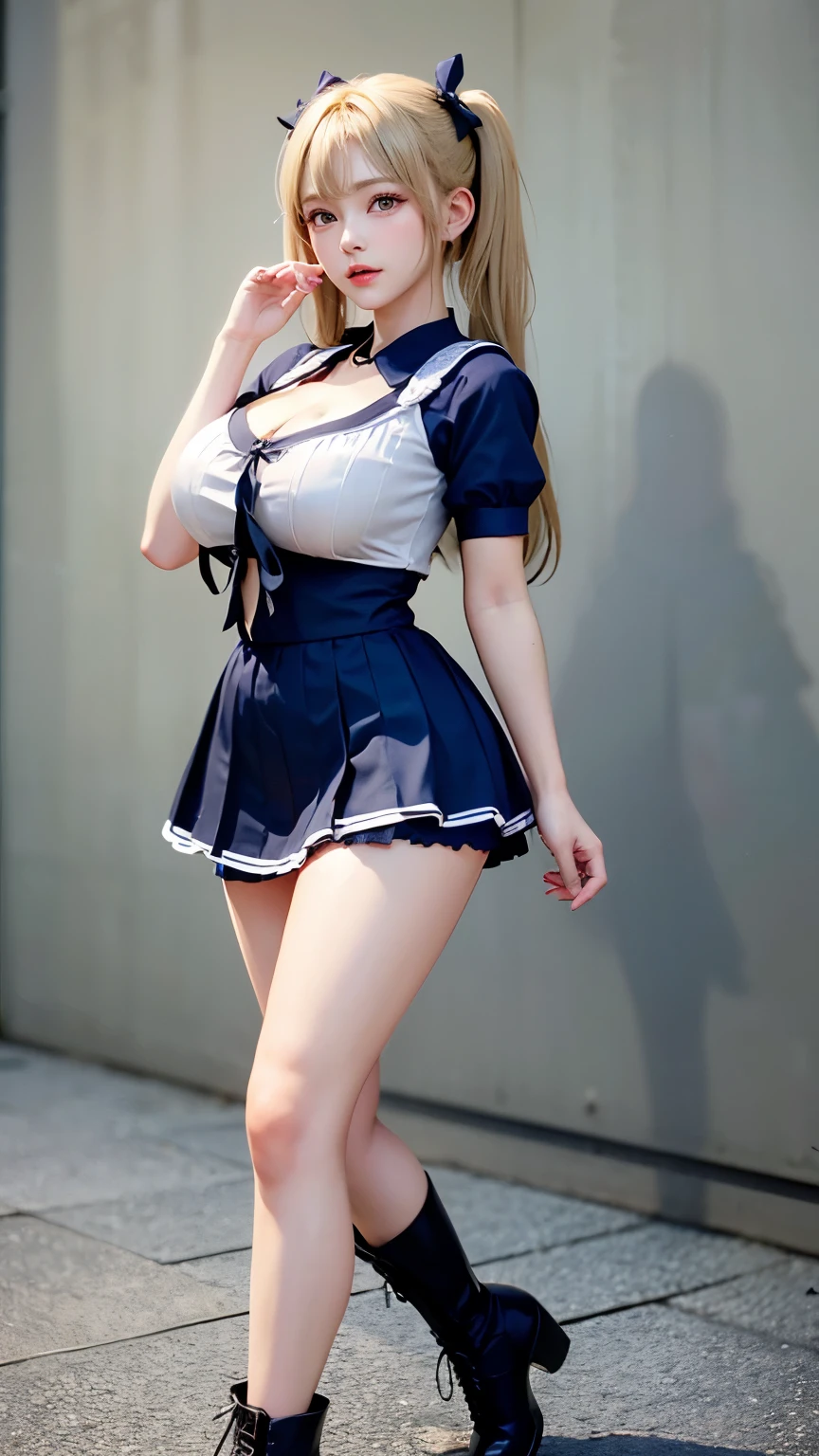 （Very delicate and beautiful：1.2）super model,,Big Breasts,Beautiful breasts,voluptuous,【bike shorts】,,【3girls】,,Highest quality, High resolution, 8K,mini skirt,Navy blue frilly sailor suit,Blonde twin tails,Lolita Style,Right hand bandaged,boots