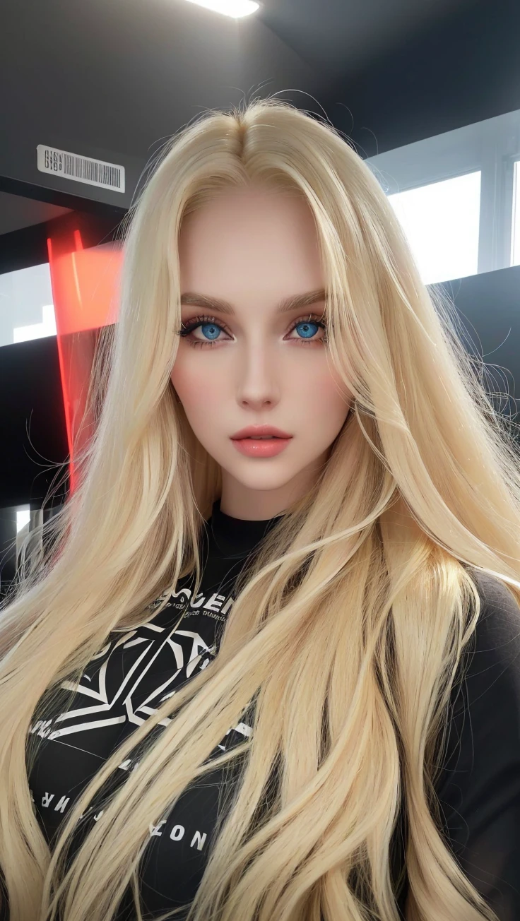 a close-up of a woman with long blonde hair wearing a black shirt, Yelena Belova, Ava Max, Long blonde hair and blue eyes., long blonde hair and big eyes, Angelina Stroganova, angelablanca, Anna Nikonova aka Newmilky, Irina Nordsol Kuzmina, Dasha Taran, a beautiful blonde, with long blonde hair