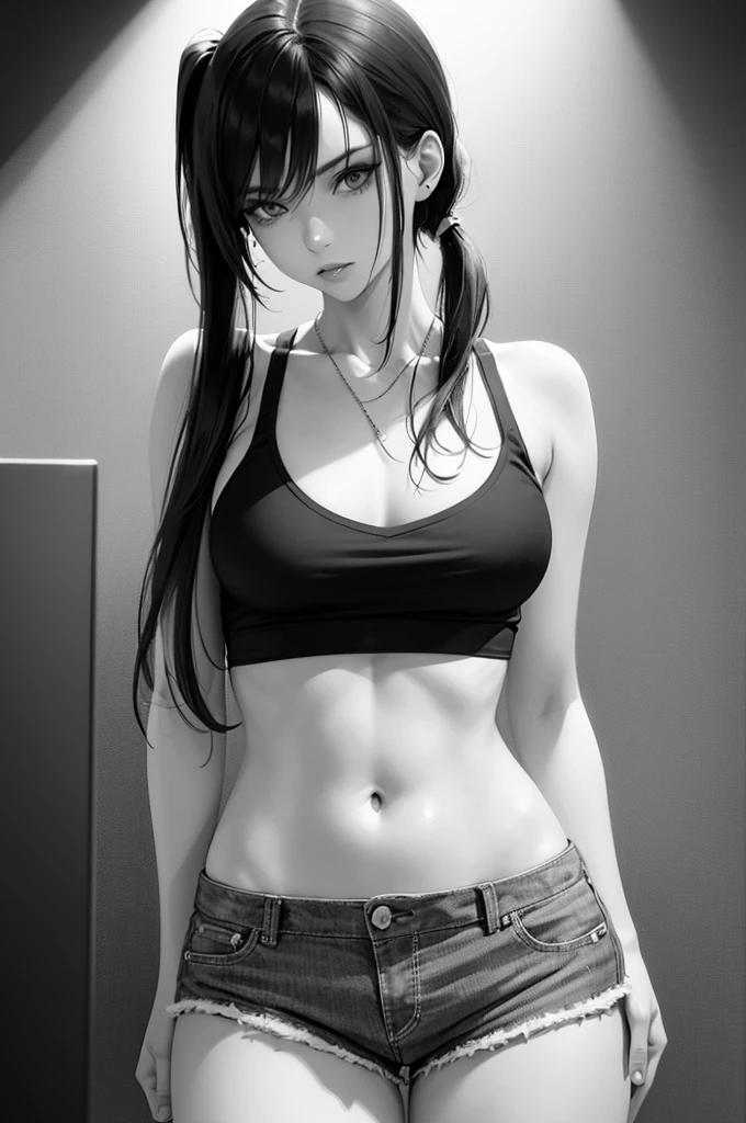 a beautiful skinny young woman with long pigtails, wearing a tight cropped shirt and cutoff unbuttoned shorts, unbuttoned shorts, looking seductive, detailed facial features, highly detailed, 8k, photorealistic, studio lighting, vivid colors, sharp focus, physically-based rendering, professional photography, elegant, charming, cinematic