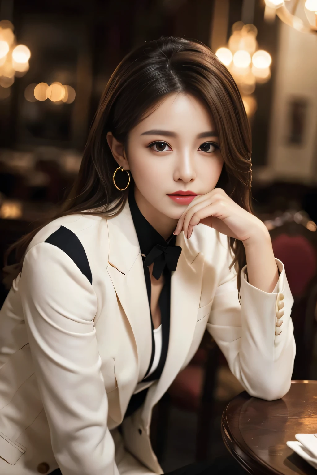 masterpiece, Highest quality, Realistic, Very detailed, Finer details, High resolution, 8k wallpaper, One beautiful woman, Wear a nice suit, In a great restaurant, At night, Light brown messy hair, Perfect dynamic composition, Beautiful and beautiful eyes、Big earrings、Sit on a chair、