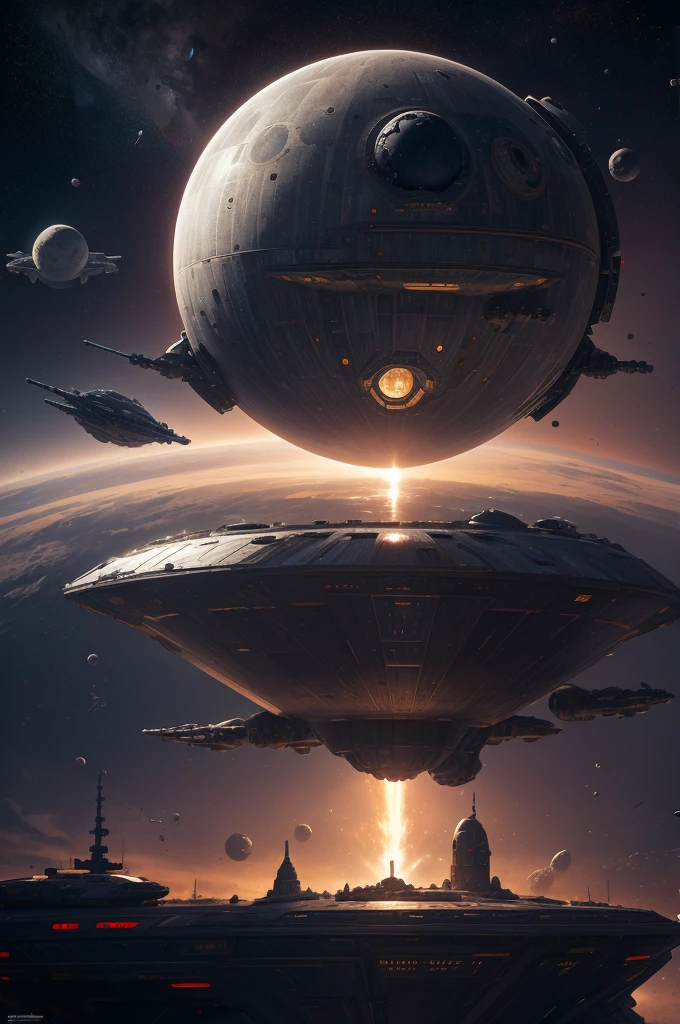 a spaceship shaped like a giant sphere with ports and weapons in deep space under attack by spaceships, masterpiece, best, photo realistic moon, death star, unicron, battle moon